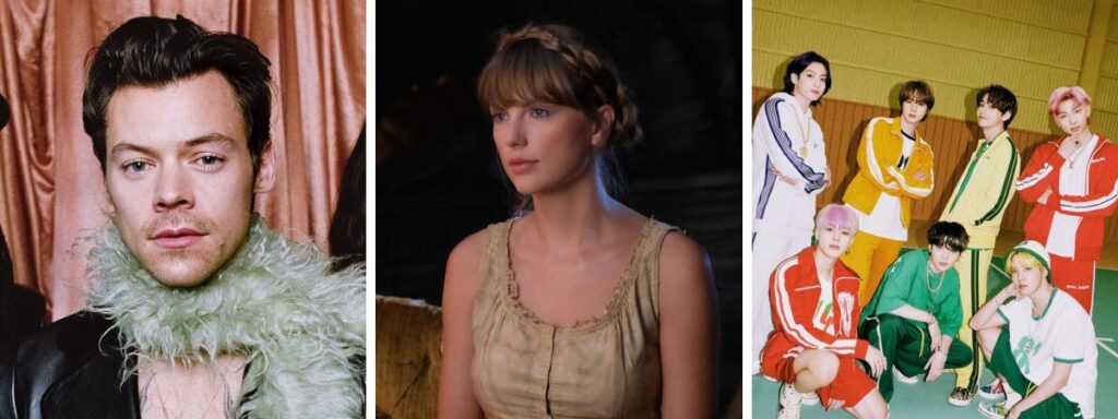 Harry Styles, Taylor Swift e BTS posando para fotos